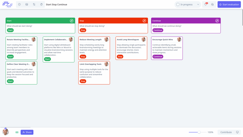 Screenshot of IdeaClouds showing the Start, Stop and Continue retrospective board used by agile teams