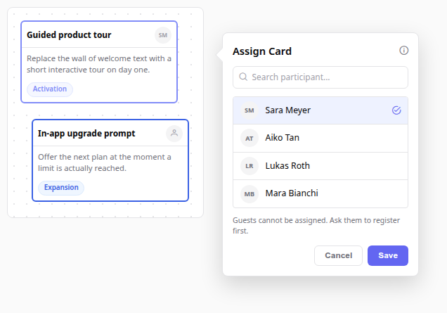 Assign Card popover, participant selected, one card unowned