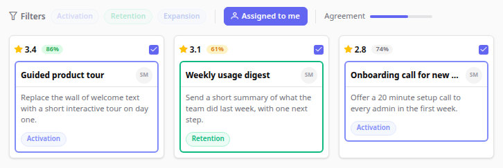 Filter bar with "Assigned to me" active, three cards