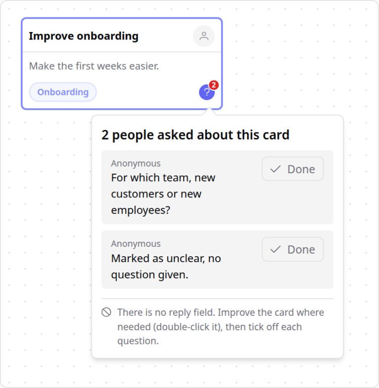 The author sees two anonymous questions about their card and ticks each one off after improving the card.