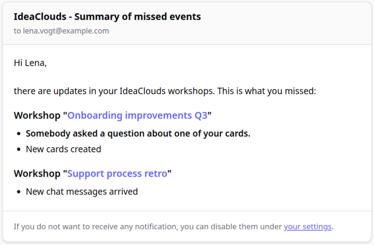 The digest email carries one line about a question on your card, without naming the card or the person.