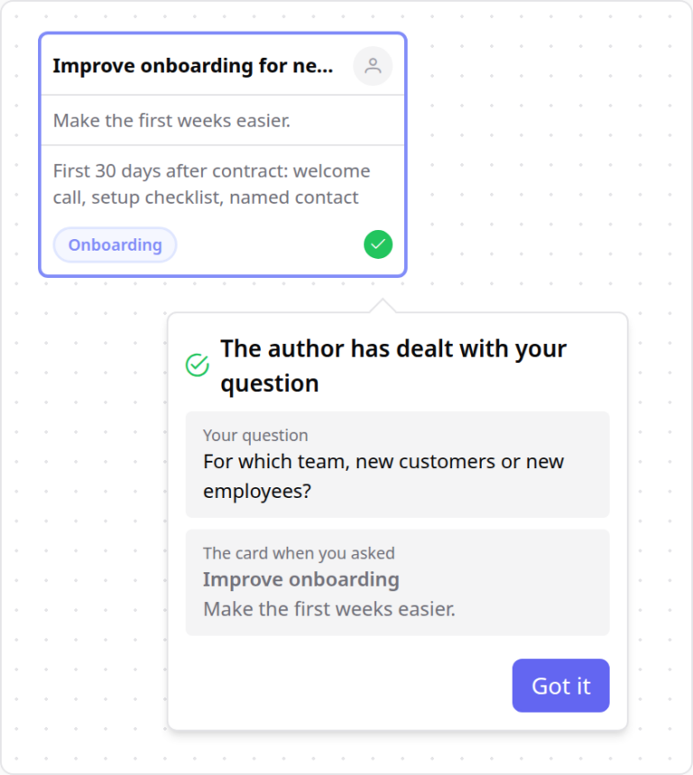 The person who asked sees the improved card next to the version they asked about.