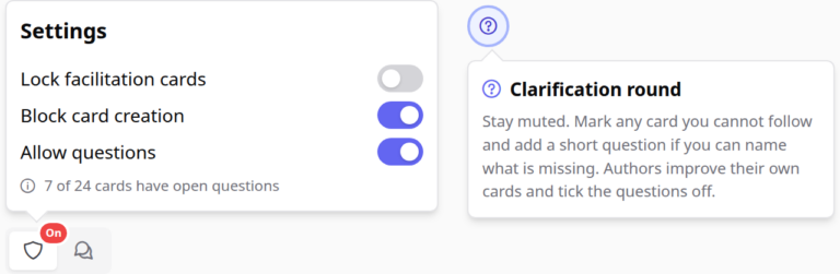 The facilitator switches on "Allow questions" and sees how many cards still have open questions.